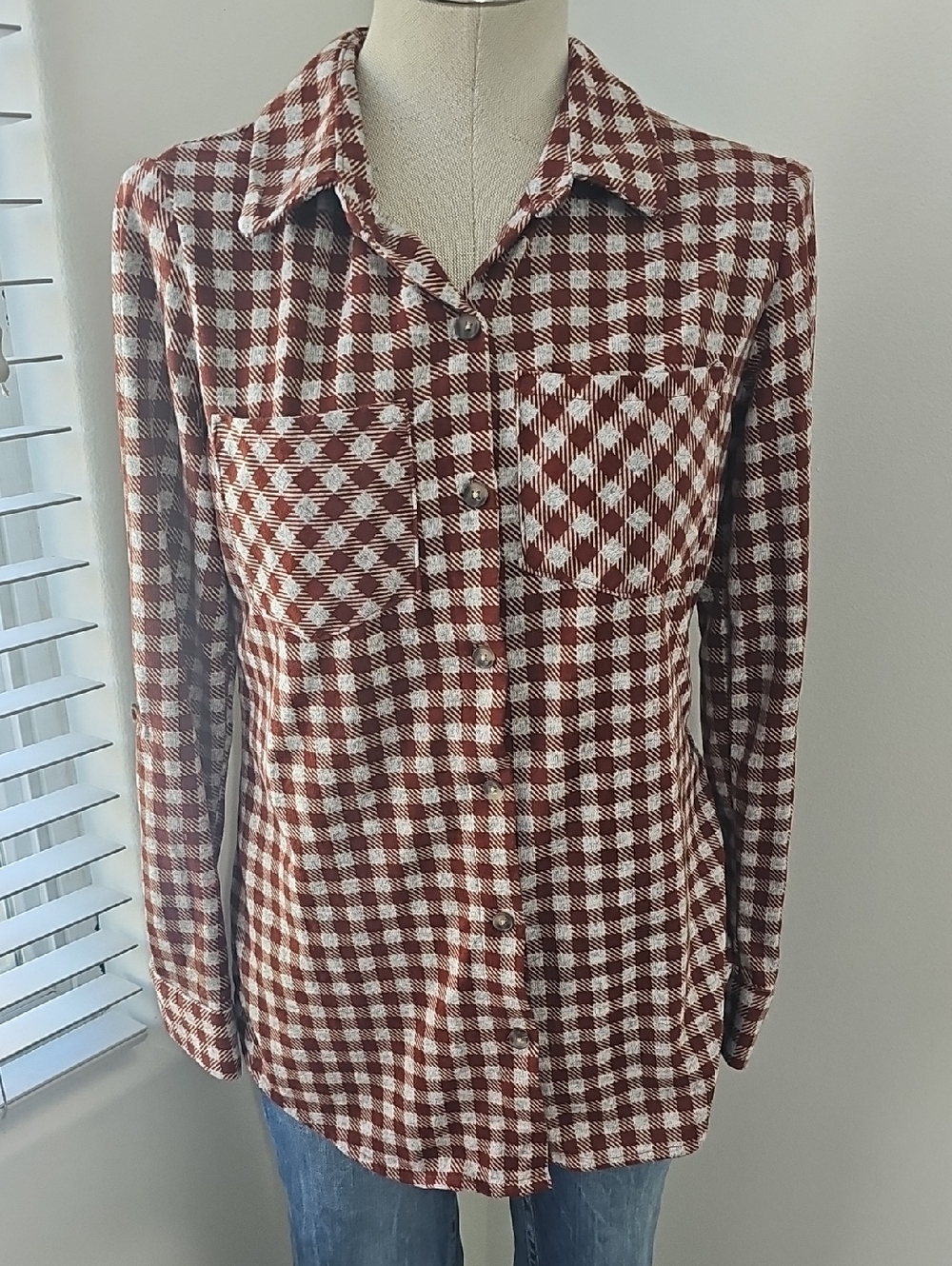 Redish/brown and Gray Gingham Button-Up Shirt